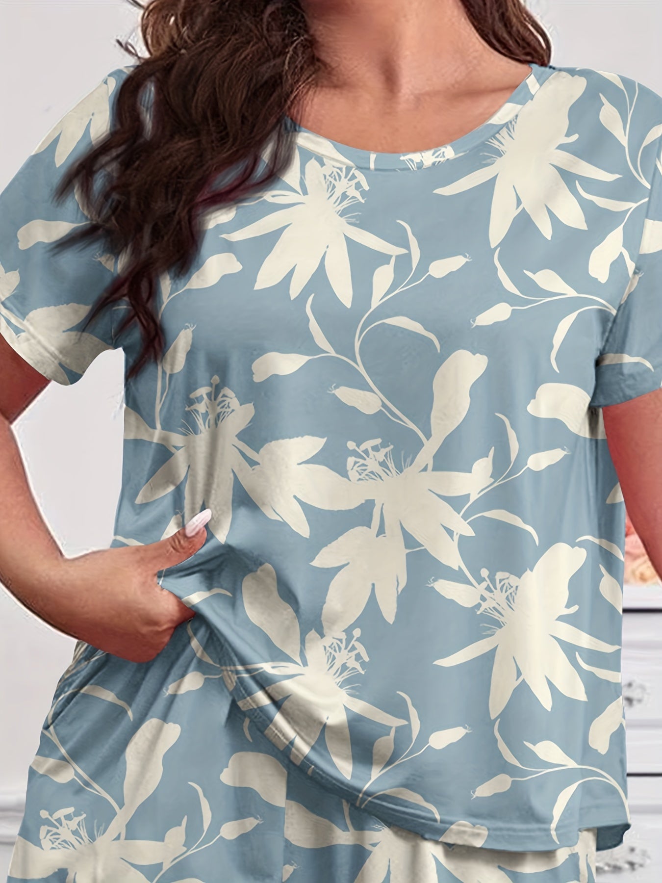  Pajama Set Women's Floral Print Short Sleeve Tee & Pants Lounge Set