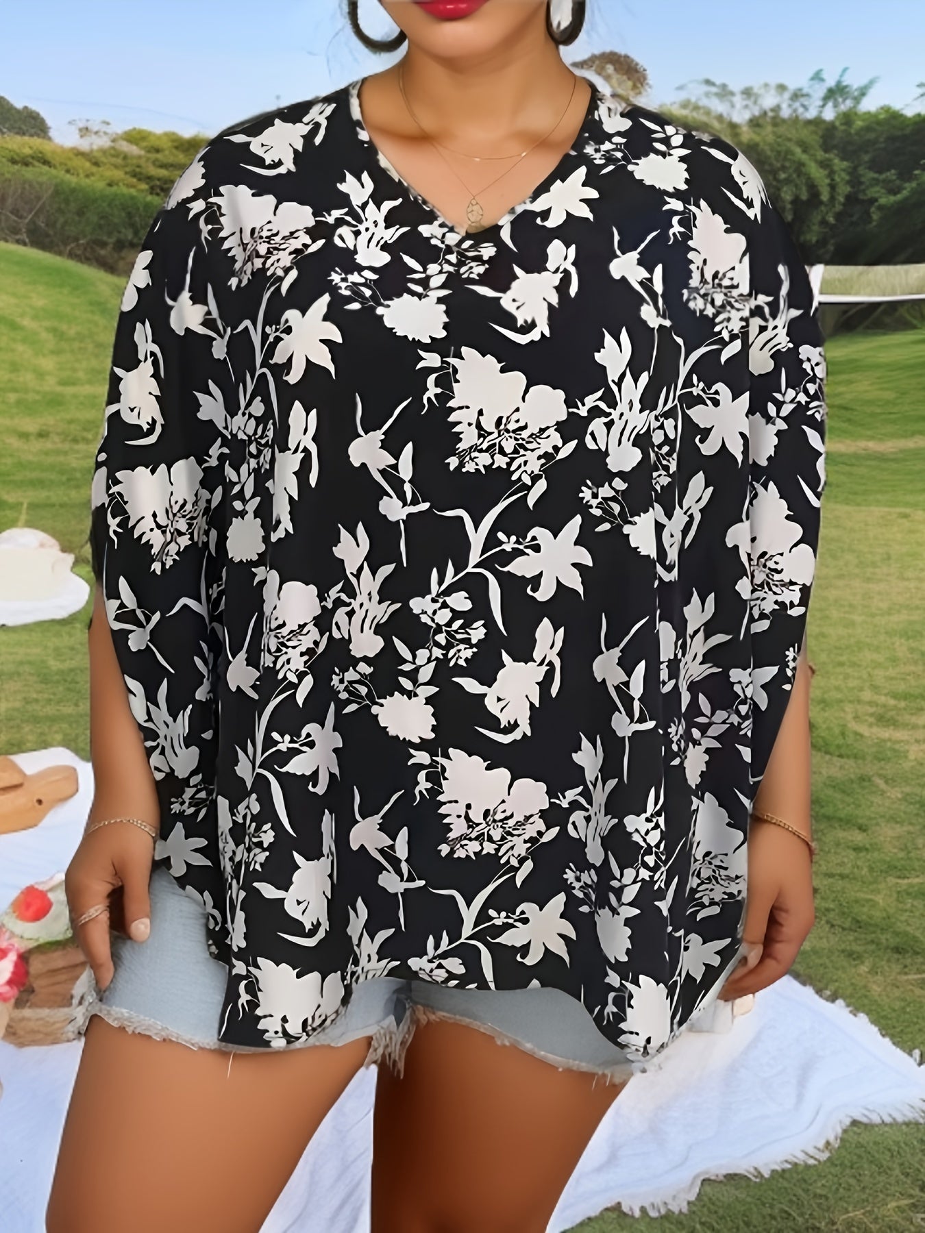  Casual Blouse Women's Ribbed Bat Sleeve V Neck Loose Blouse