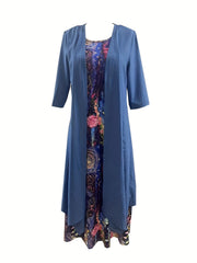 Casual Two Piece Set: Cardigan & Floral Dress