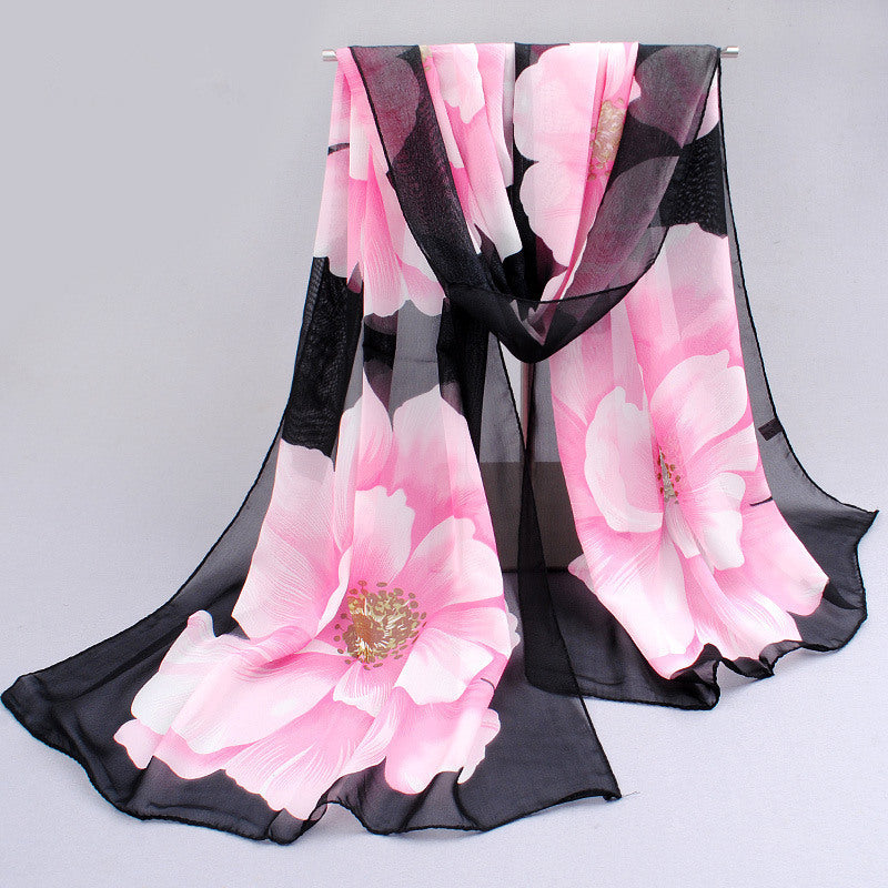 Chiffon Silk Scarf Floral Print Headwrap Large Shawl