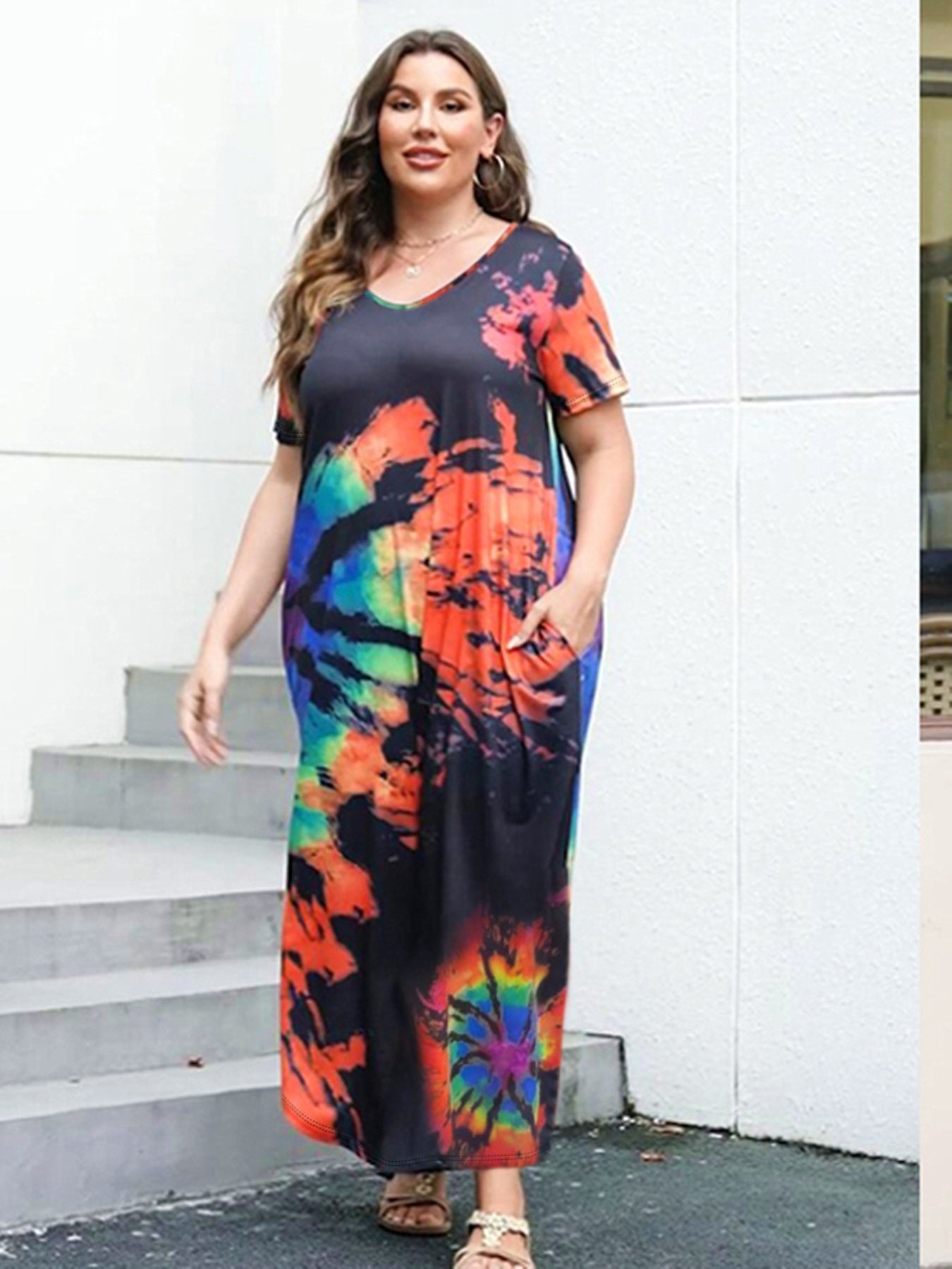 Women's Plus Tie Dye Short Sleeve V Neck Maxi Dress With Pockets