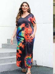 Women's Plus Tie Dye Short Sleeve V Neck Maxi Dress With Pockets