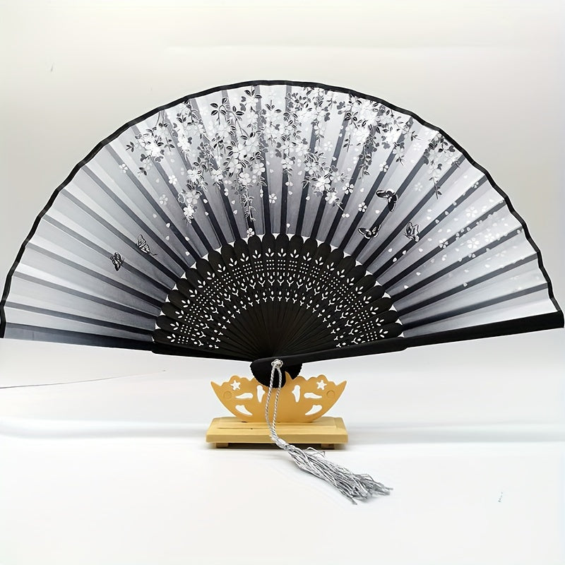 Chinese Silk Folding Fan Wooden Handle Classical Dance Fan