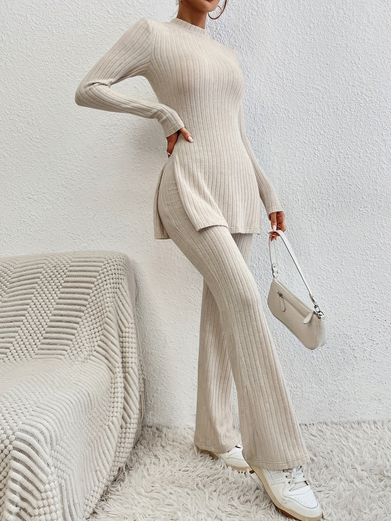 Ribbed Lounge Set Long Sleeve Top & Pants Women's Loungewear