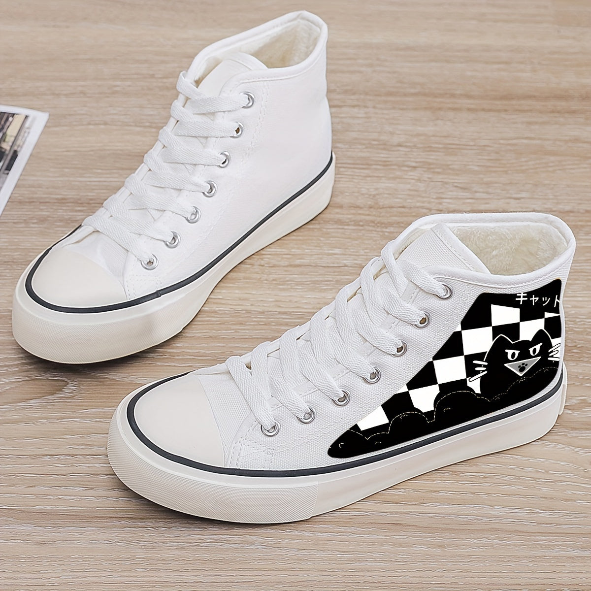 Cat Print Plush Lined Thermal Chunky Canvas Sneakers