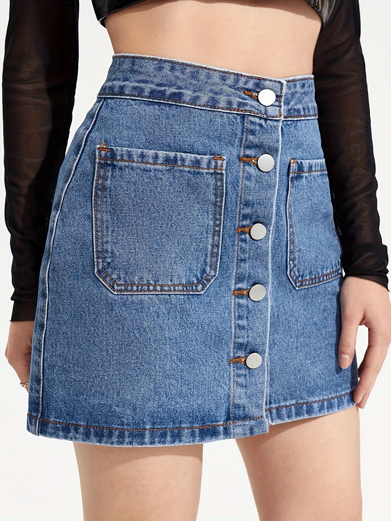 Mid Waist Denim Skirt Single Breasted Patch Pockets