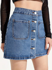 Mid Waist Denim Skirt Single Breasted Patch Pockets