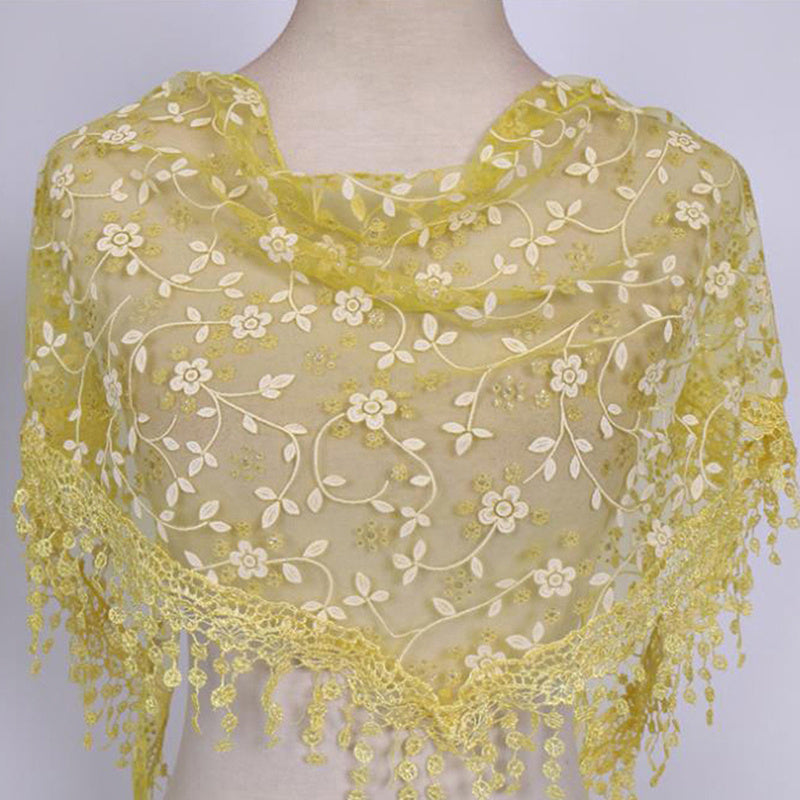 Floral Scarf Lace Hollow Out Solid Tassel Shawl Triangular Scarf
