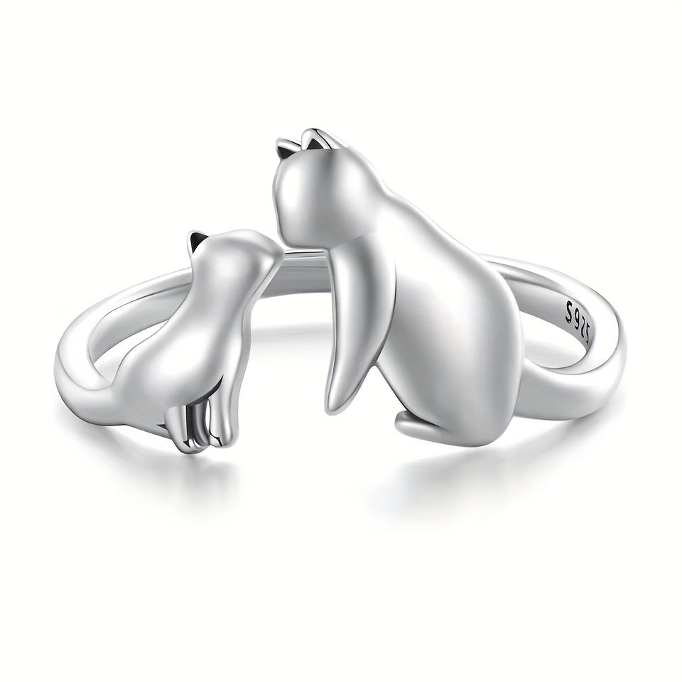 925 Silver Cats Cuff Ring Adjustable Open Kids Accessories