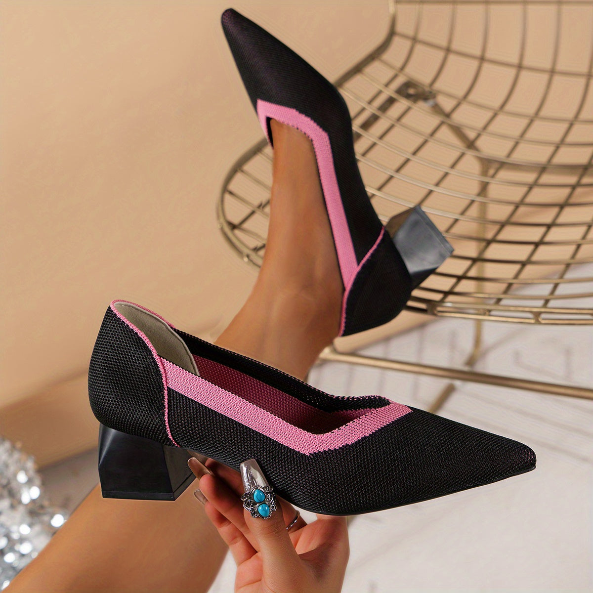 Women's Breathable Chunky Heels Colorblock Pumps Comfortable Dress Heels