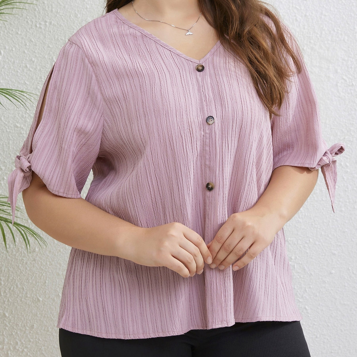  Casual Blouse Women's Plus Solid Button Decor Knot Split Sleeve