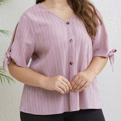  Casual Blouse Women's Plus Solid Button Decor Knot Split Sleeve