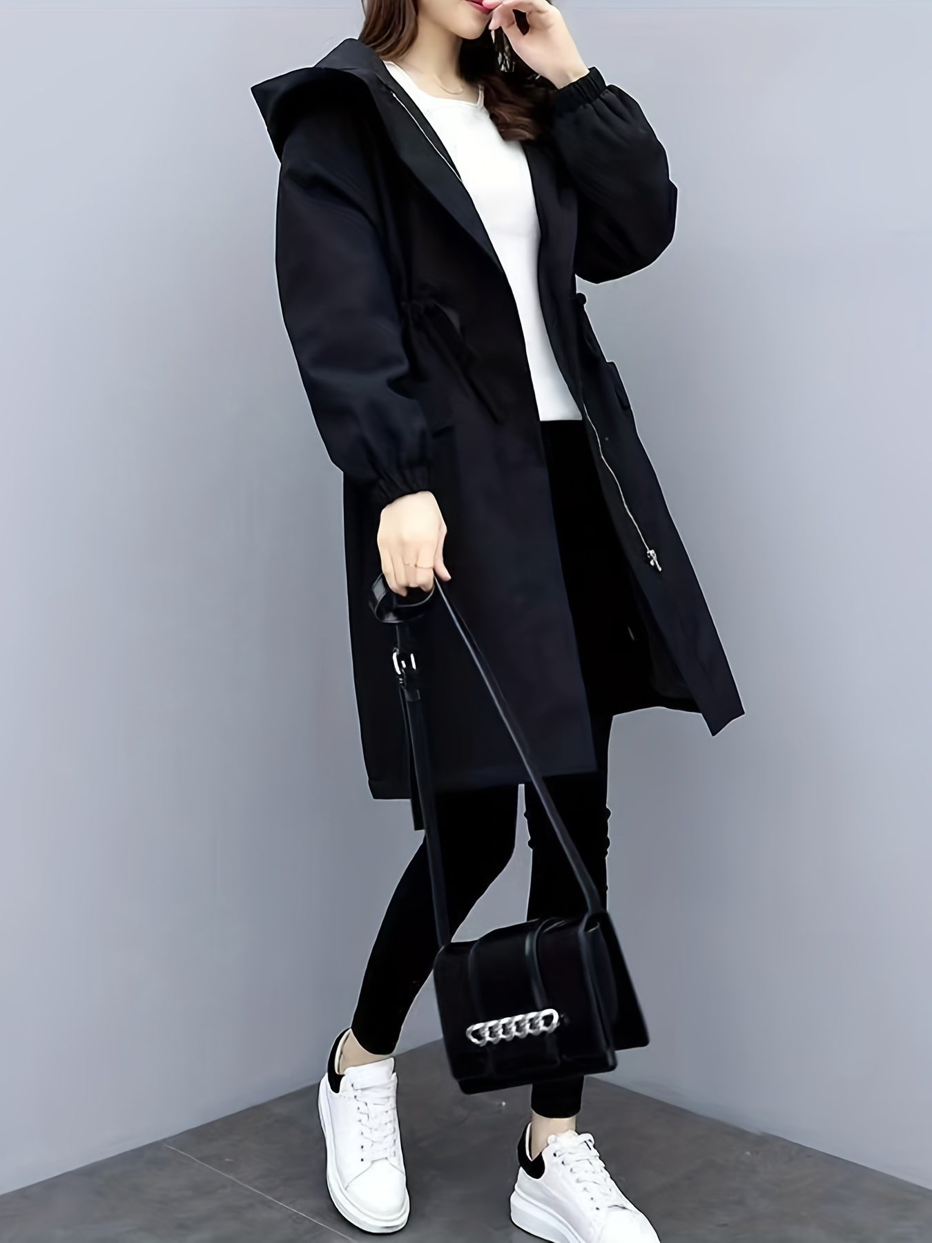 Drawstring Waist Hooded Jacket Women's Outerwear