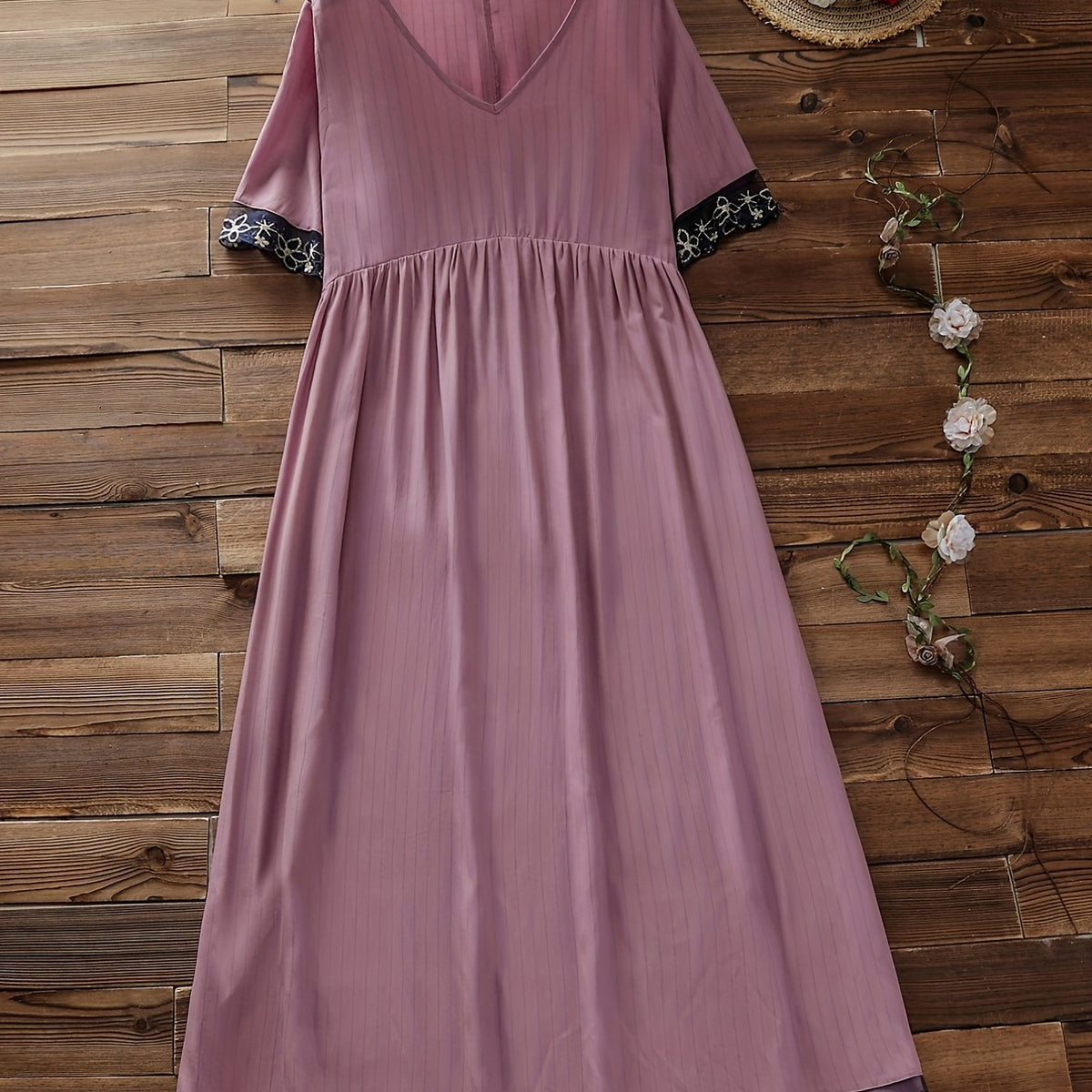  Casual Dress Women's Plus Stripe Embroidered Floral Short Sleeve V Nec