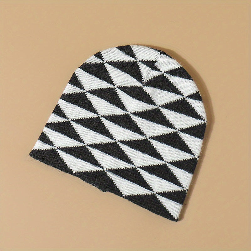 Dark Rhombic Jacquard Beanie Y2K Casual Knit Hat Elastic Skull Hat