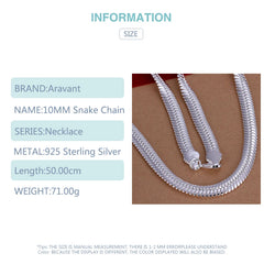 925 Silver 10MM 20inch Flat Snake Chain Necklace Men Women
