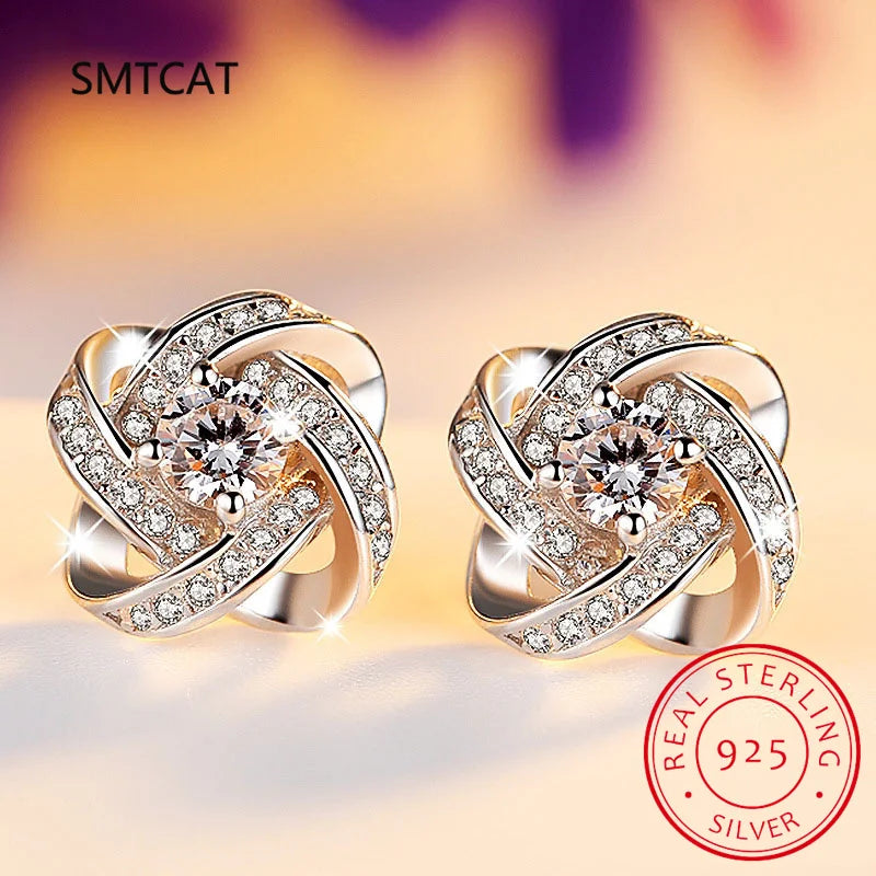 925 Silver Flower Zirconia Knot Necklace+Earrings Set