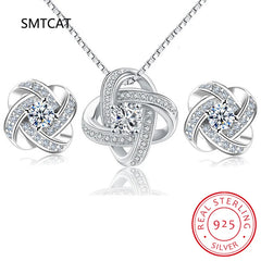925 Silver Flower Zirconia Knot Necklace+Earrings Set