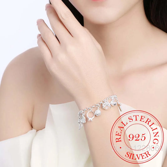 925 Silver Charms Bracelet with Zircon Heart Star Moon Flower, Women's Jewelry