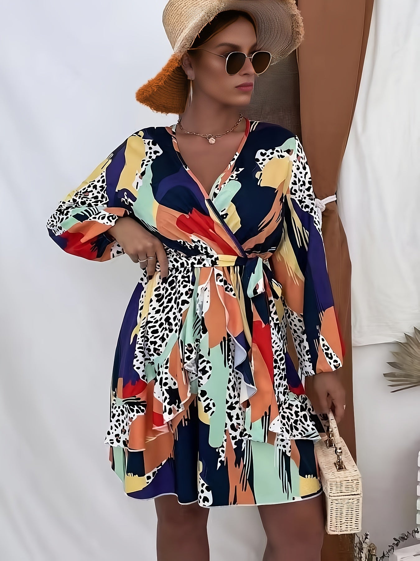  Colorblock Leopard Print Long Sleeve Mini Dress