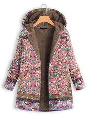 Floral Print Hooded Padded Coat Winter Outerwear