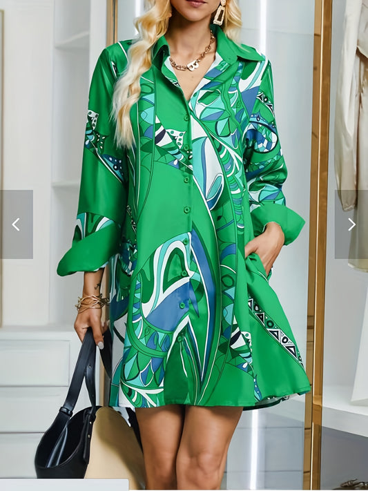  Casual Geo Print Button Up Shirt Dress