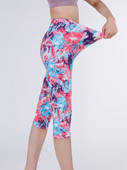 Boho Flower Print Capris Leggings High Waist Elastic Bottoms
