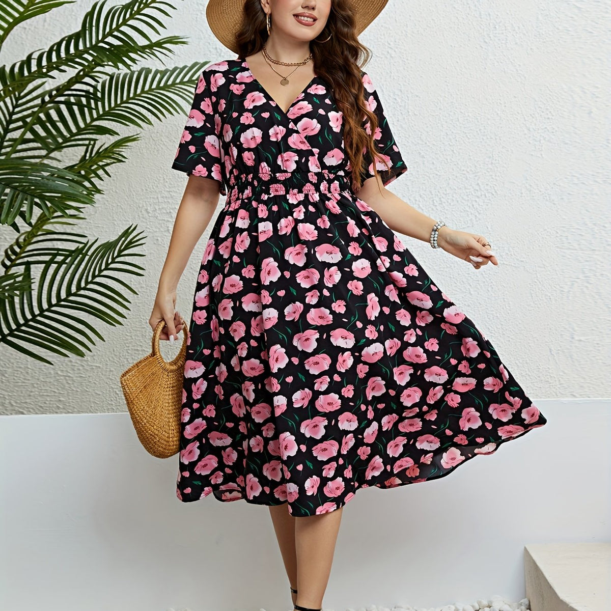  Floral Print Wrap V Neck Summer Dress