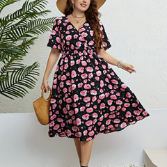  Floral Print Wrap V Neck Summer Dress