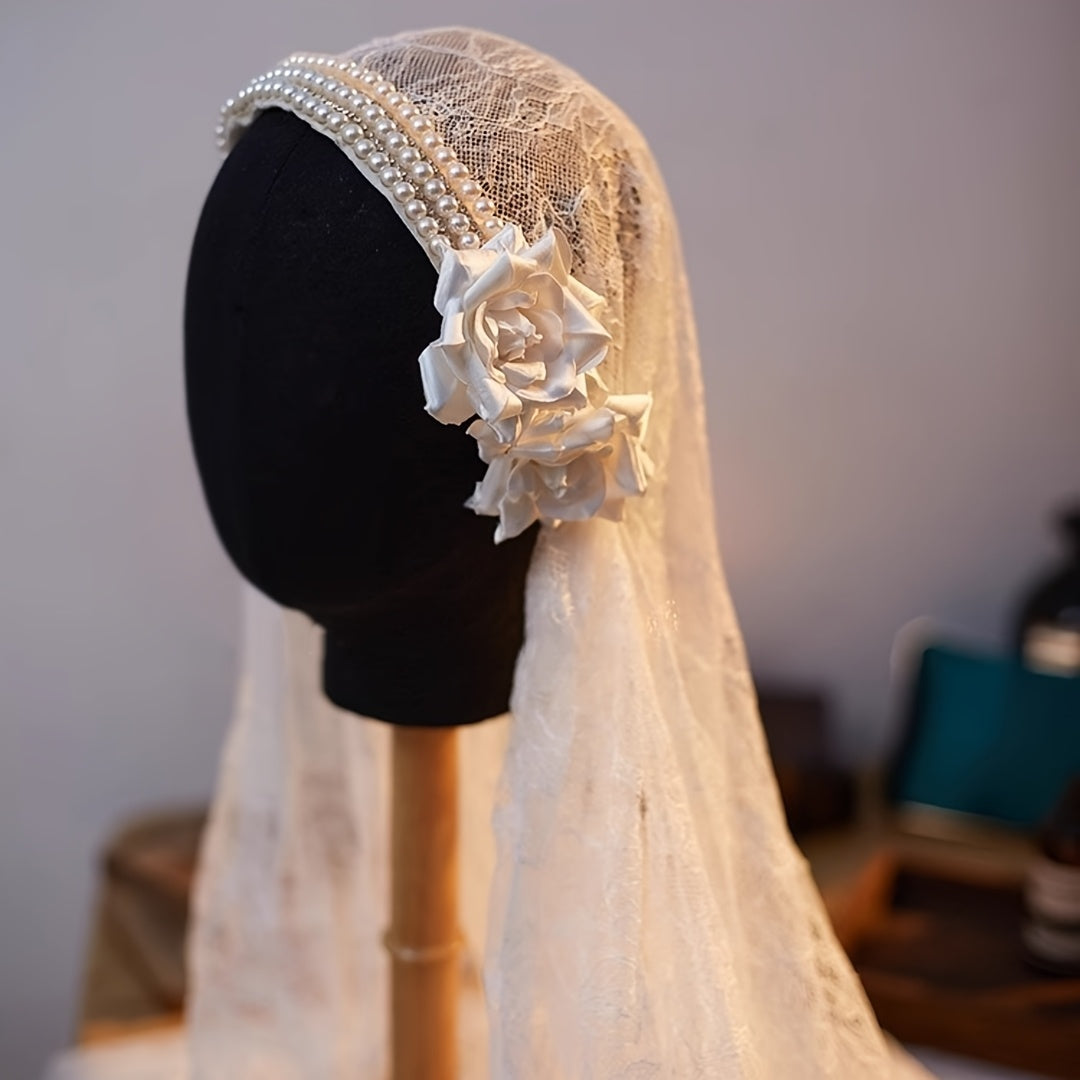 Vintage Romantic High End Lace Headpiece Veil with Pearls
