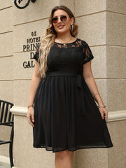  Floral Lace Short Sleeve Dress With Belt