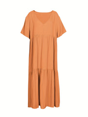  Solid V Neck Ruffle Trim Smock Dress