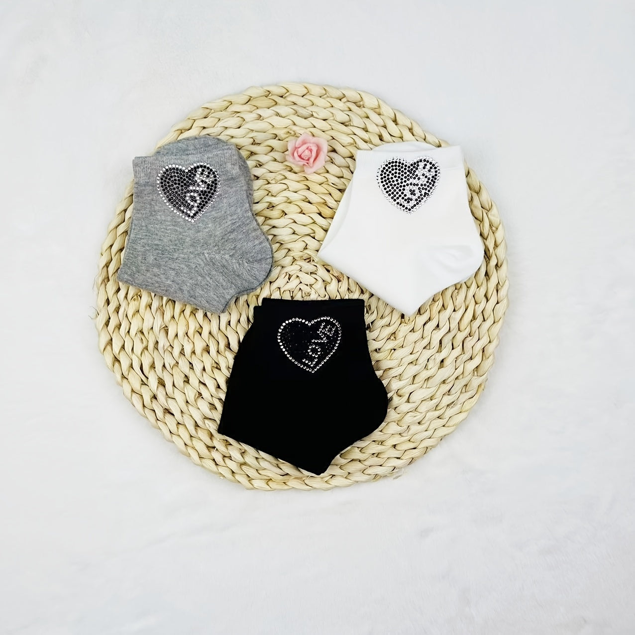 Heart Rhinestone Socks Women's Crew Short Stockings