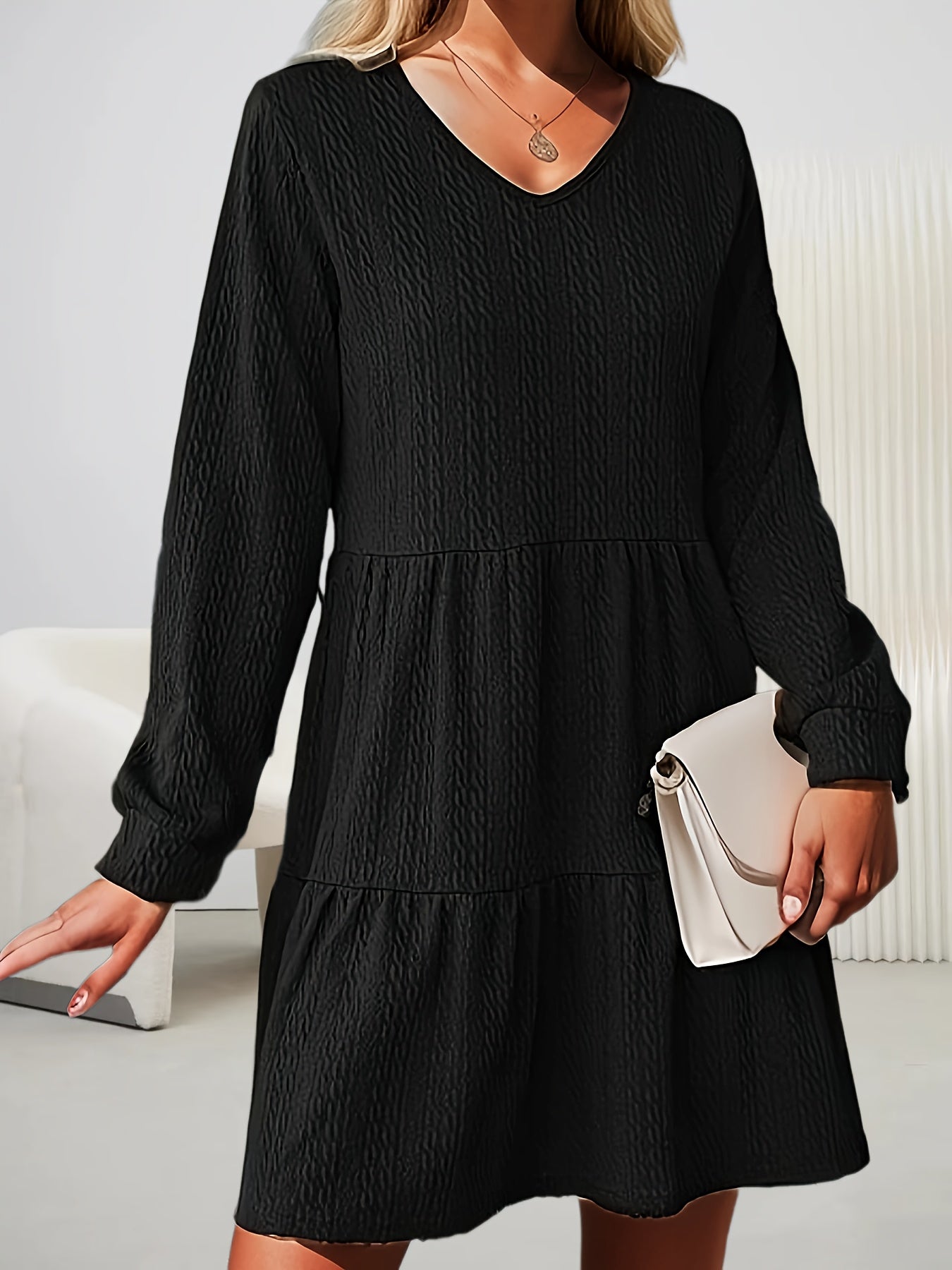  V-Neck Long Sleeve Smock Dress