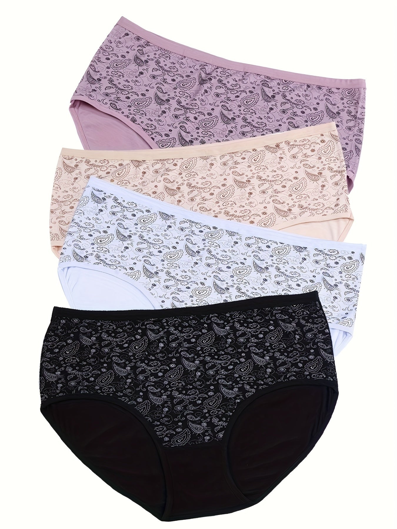 4 Pack Plus Size Boho Panties Set Women's Plus Paisley Print Underwear