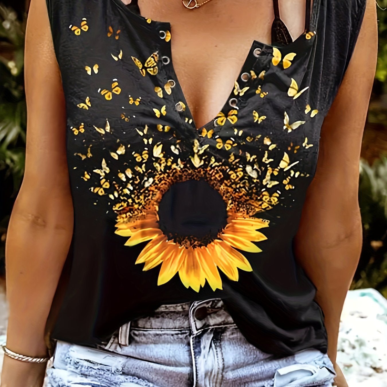  Butterfly Sunflower Print Tank Top