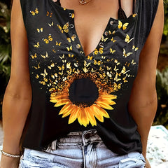  Butterfly Sunflower Print Tank Top
