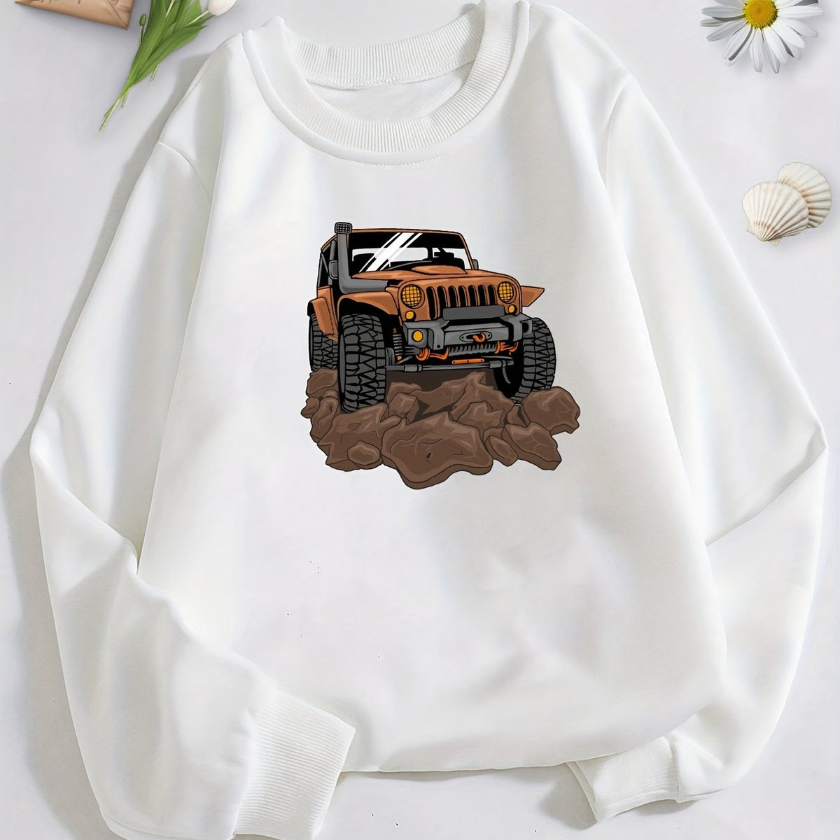 Car Print Boys Casual Pullover Sweatshirt Long Sleeve Crew Neck Tops