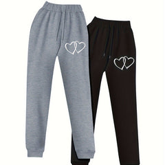 2 Pack Women's Plus Size Heart Print Fleece Liner Joggers Set