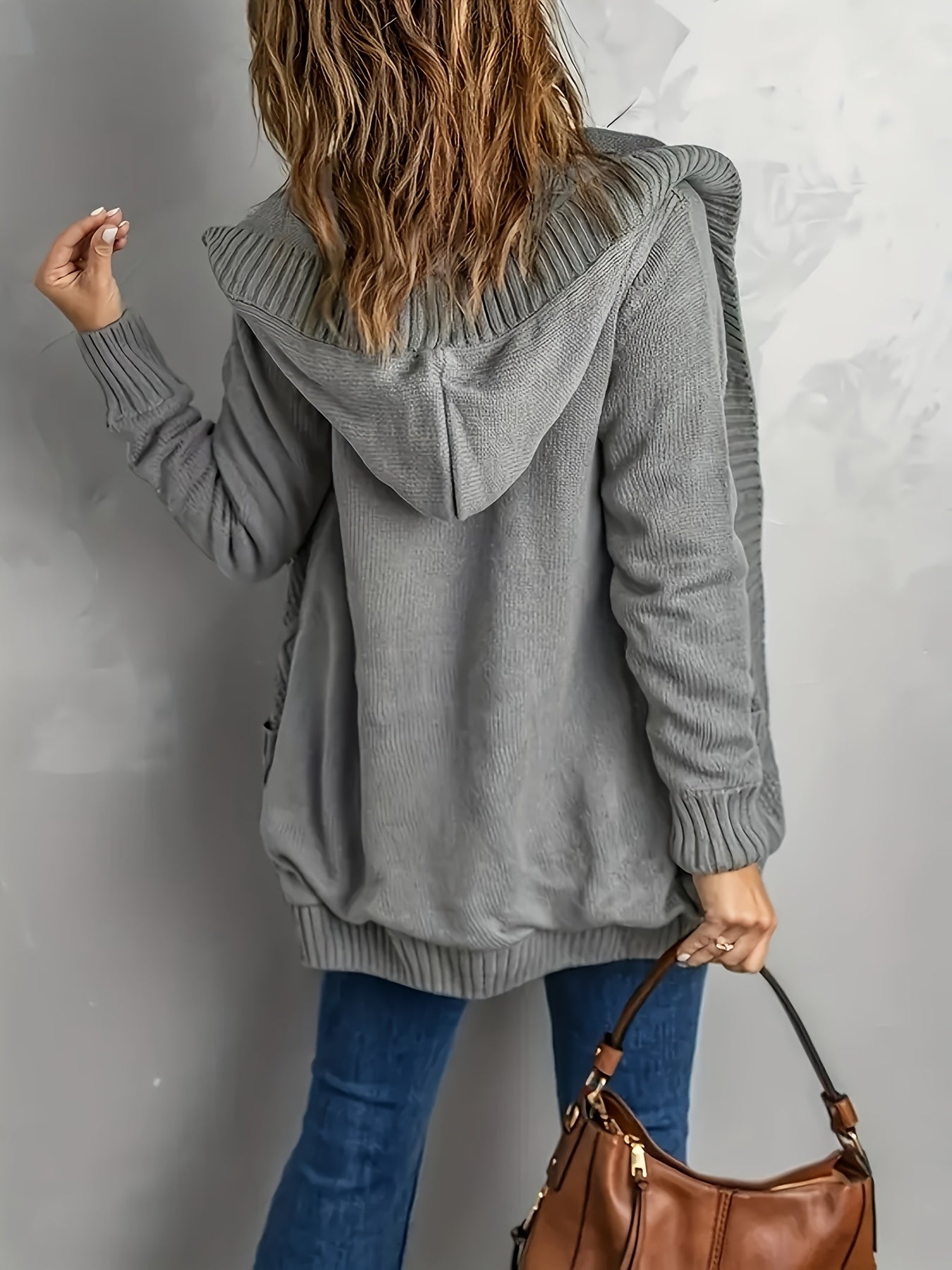  Solid Long Sleeve Hooded Sweater Cardigan