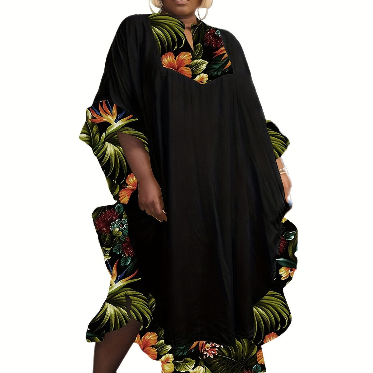  Colorblock Floral Print Abaya Dress with Ruffle Trim