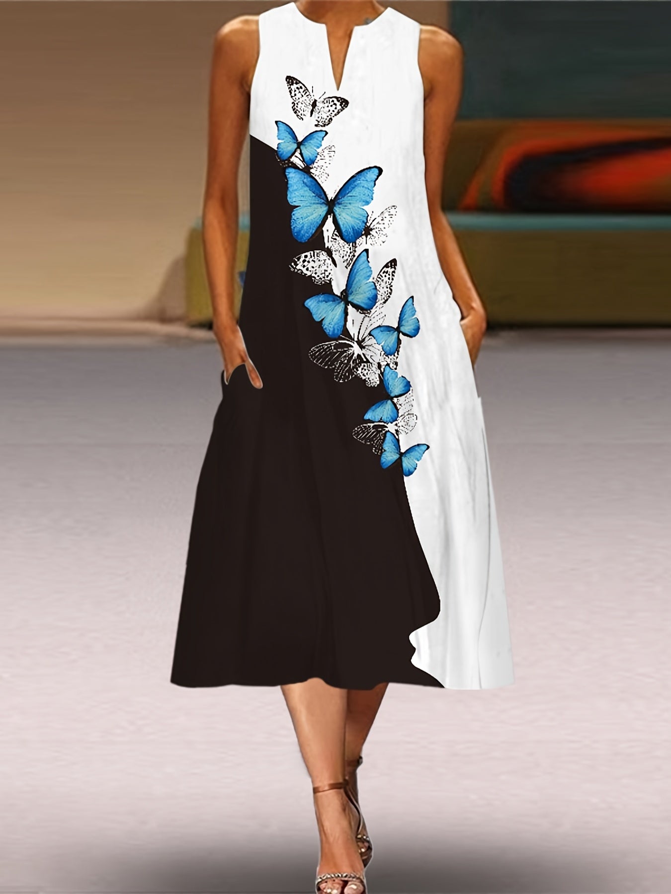  Colorblock Butterfly Print Tank Dress With Pockets