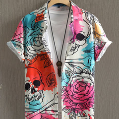 Skeleton And Rose Pattern Hawaiian Shirt