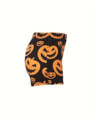 Women's Plus Funny Pumpkin Print Elastic High Rise Skinny Shorts