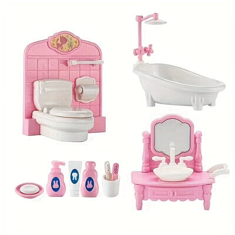Pink Dollhouse Furniture Set for Kids - 3 Room Miniature Playhouse