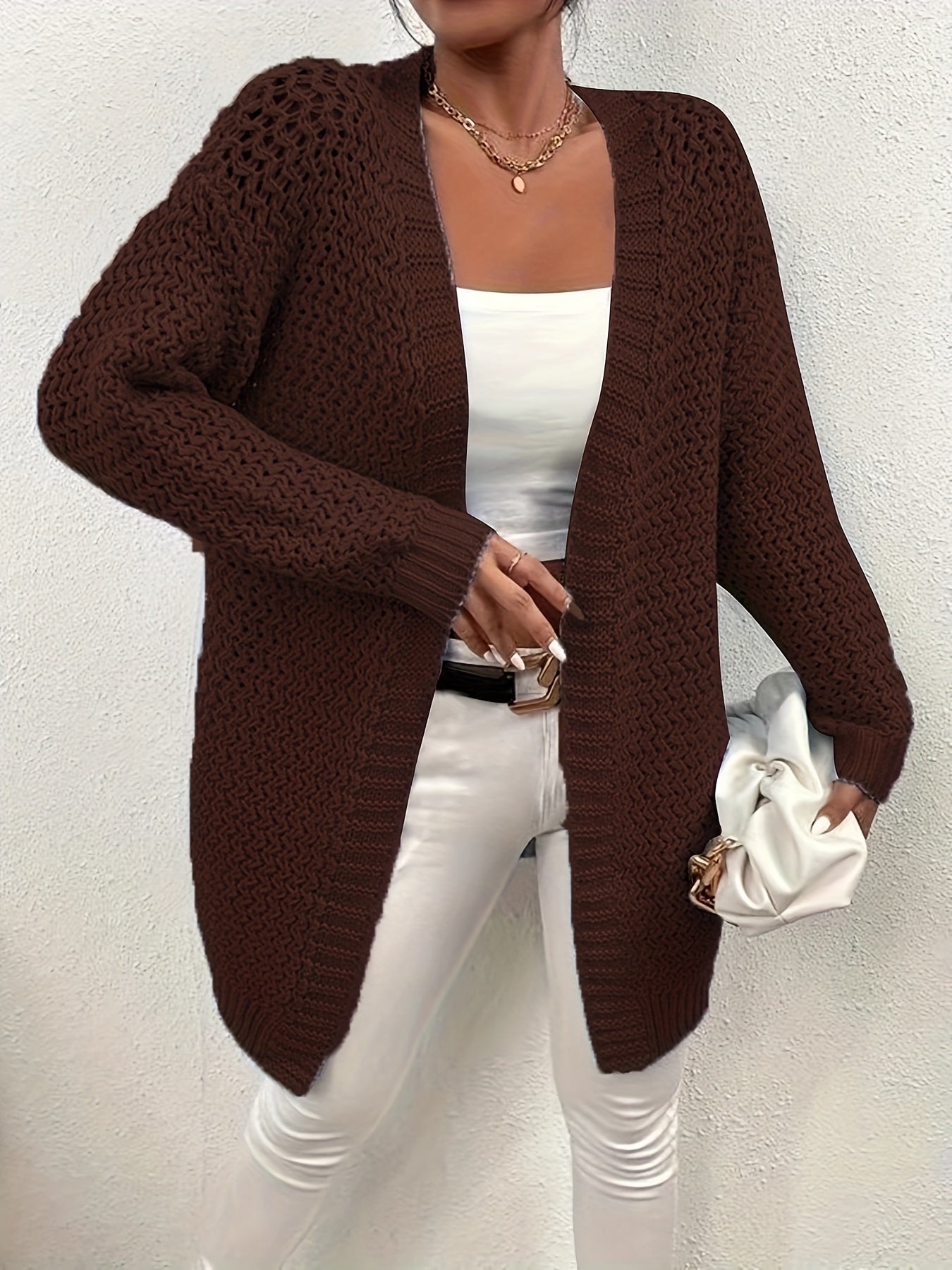  Solid Long Sleeve Open Front Cardigan