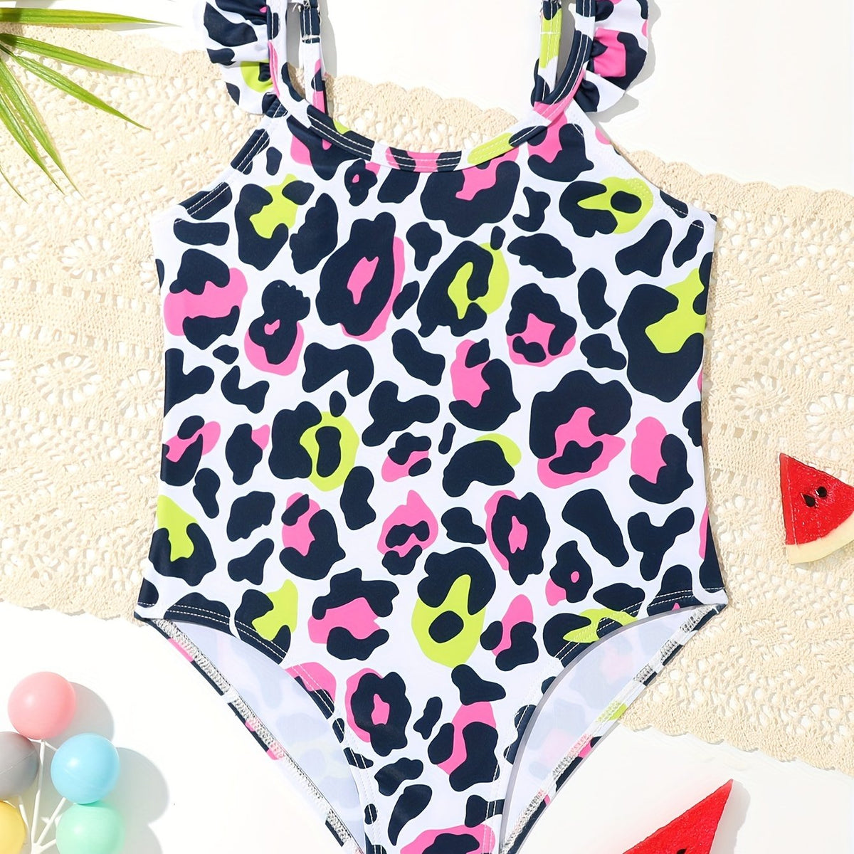 Leopard Print Ruffle Trim 1pc Swimsuit Bathing Suit For Toddler Girls