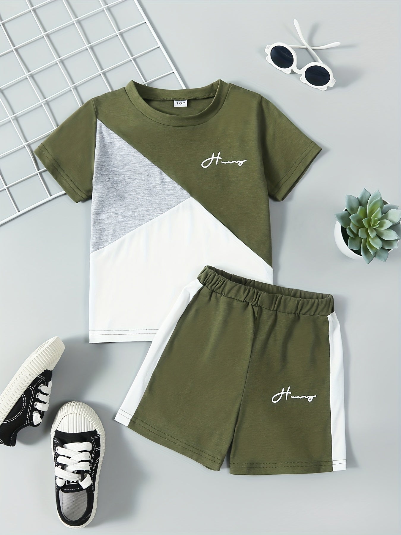 Boys 2pcs Block T shirt & Shorts Set Kids Casual Summer
