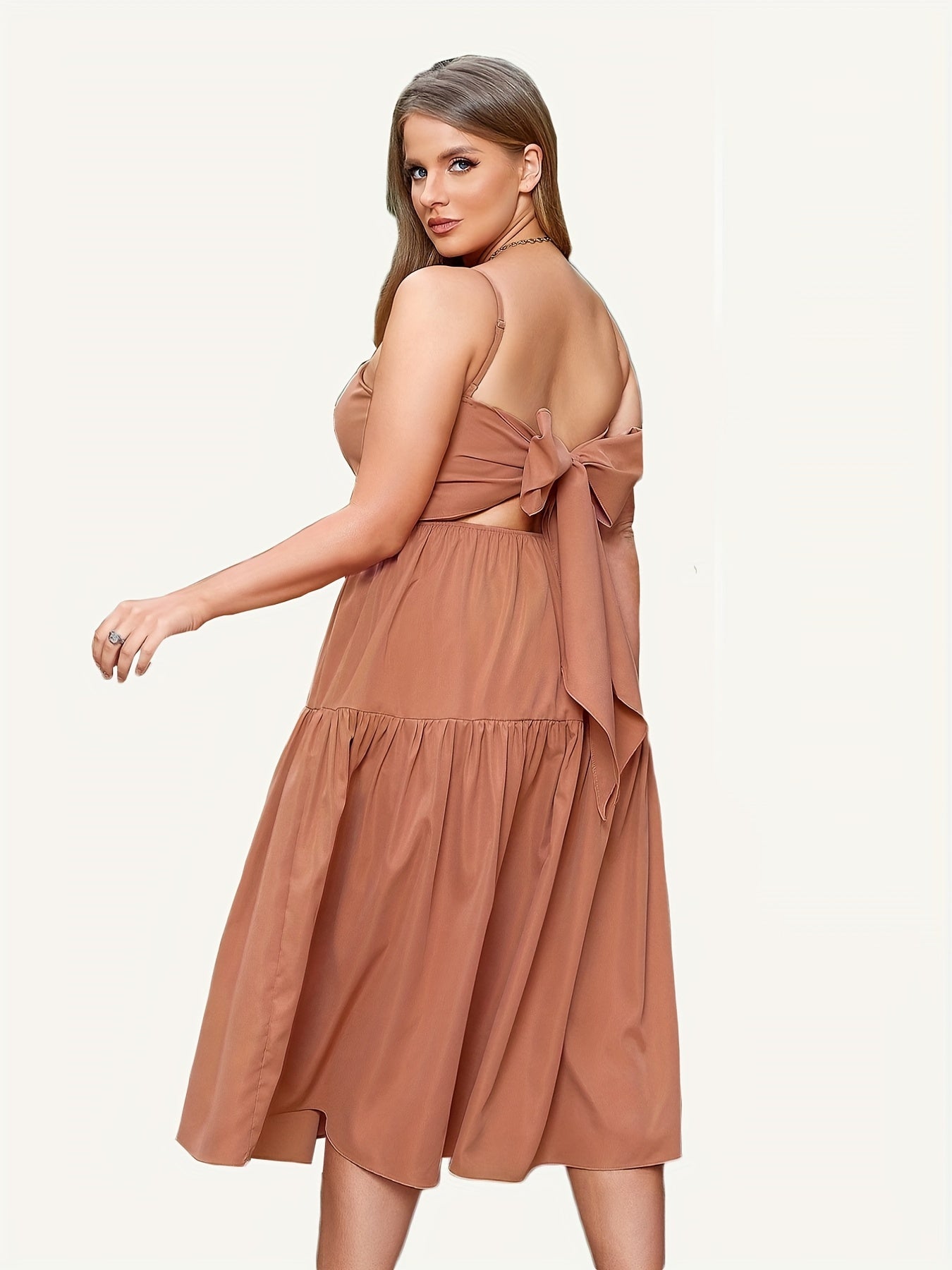  Solid Square Neck Bow Knot Back Midi Dress