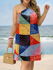  Colorblock Paisley Print Halter Neck Dress